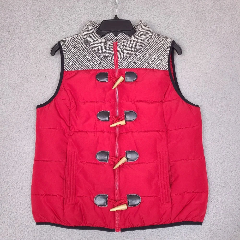 RuffHewn Womens Puffer Vest Large Red Herringbone Tweed Toggle‎ Zip Up